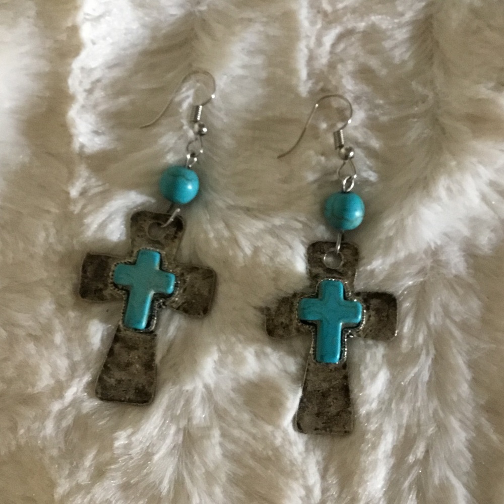 Large Cross & Blue Earrings